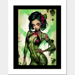 Inked Zombie Girl Retro Pin Up Posters and Art